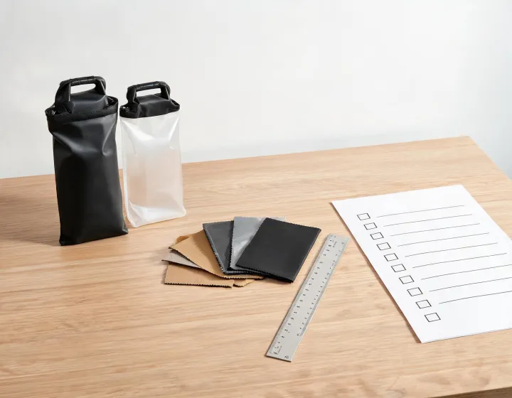 Roll-top dry bag and closure sample on a review desk